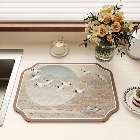 Absorbent Coffee Bar Mat for Espresso Machine, Floral Bird Pattern Non-slip Dish Drying Mat, Diatom Mud Quick Dry Mat for Kitchen Sink Countertop