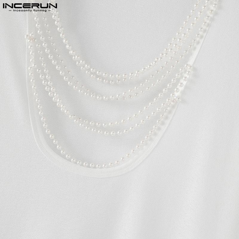 INCERUN Men Beading Low Cut Neck Long Sleeve Fitted Tops T-shirts Undershirts