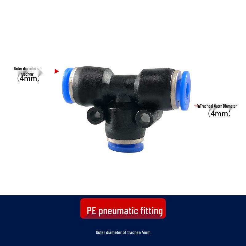 T-Type Pneumatic Hose Quick Connector, Push-in, PE Plastic, Sizes 4-16mm