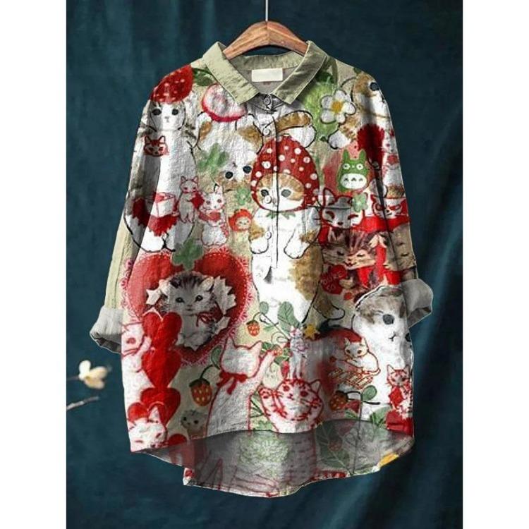 Japanese Kimono Blouse Harajuku Cute Strawberry Cats Print Women's Long Sleeve Shirt Summer Casual V Neck Cozy Loose Top
