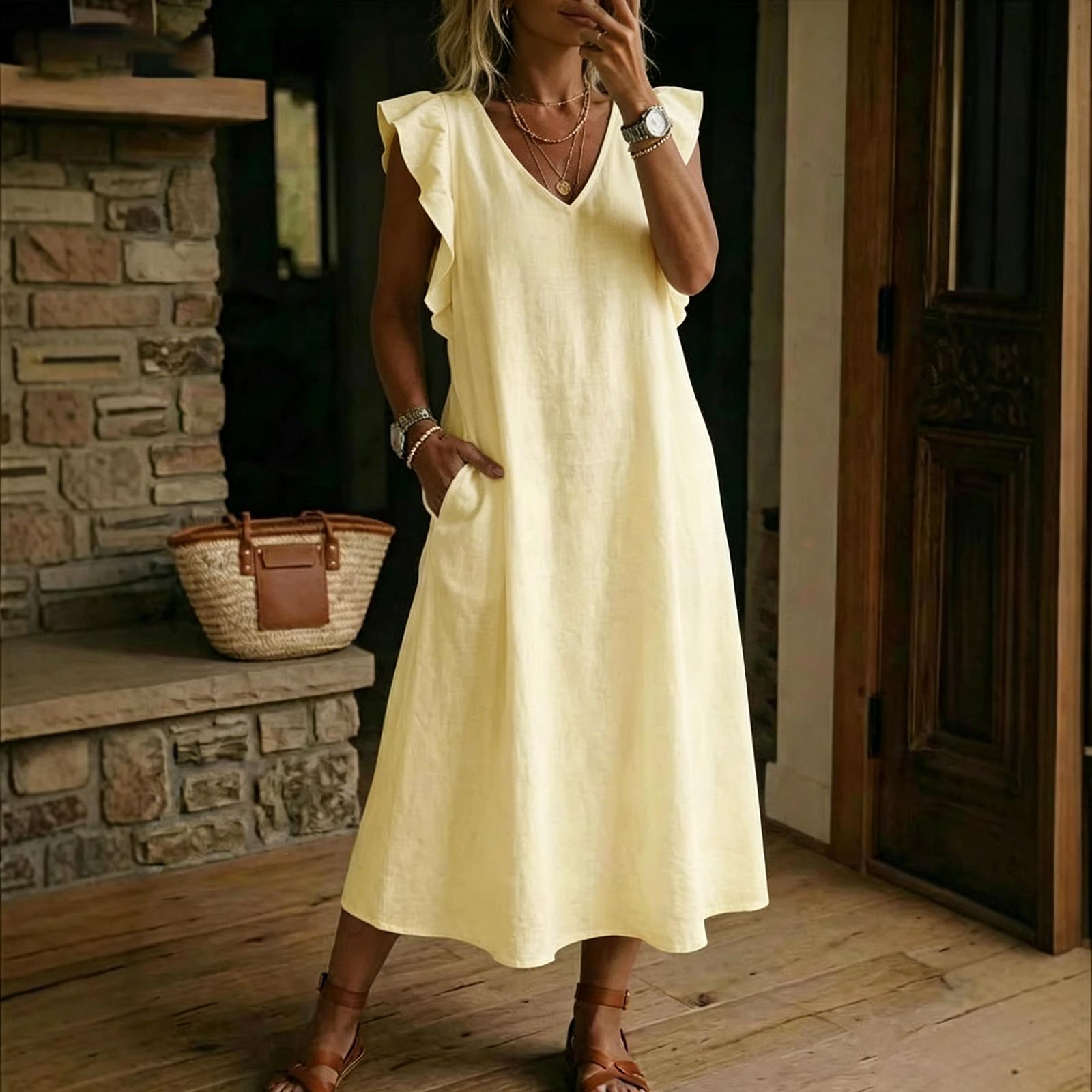 

Ladies Casual V-neck Pleated Ruffle Sleeves Loose Vest Skirt M жовтий