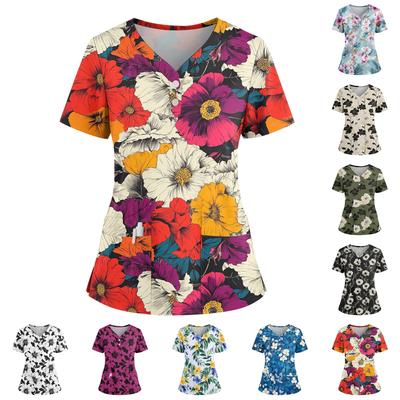 Damen Locker Kurzärmelig Modisch Blumen- und Pflanzen-Druck V-Ausschnitt Mit Knöpfen Seitenschlitz Top T-Shirt