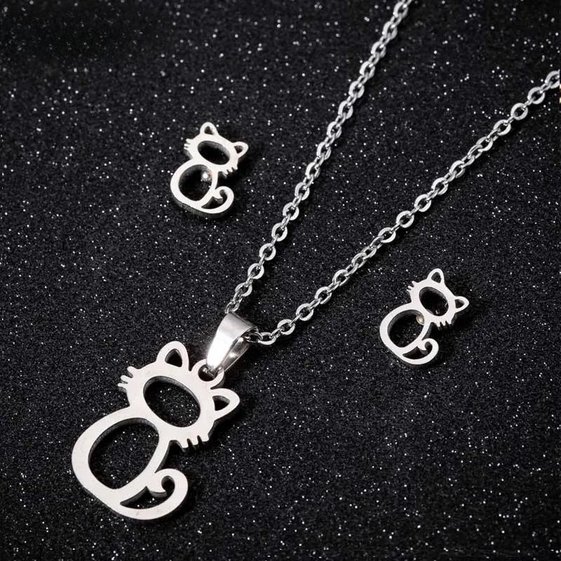 Härligt Guld Färg Kattunge Katt Rostfritt Stål Smyckesset Halsband Herr Collares Mode Ihåligt Kattörhänge Halsband Tass Smycken
