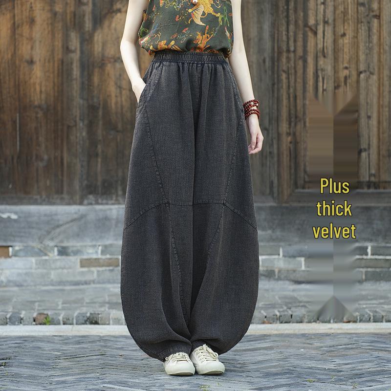 Women's Retro Ramie Sand-Washed Distressed Loose Lantern Pants for Meditation and Tai Chi