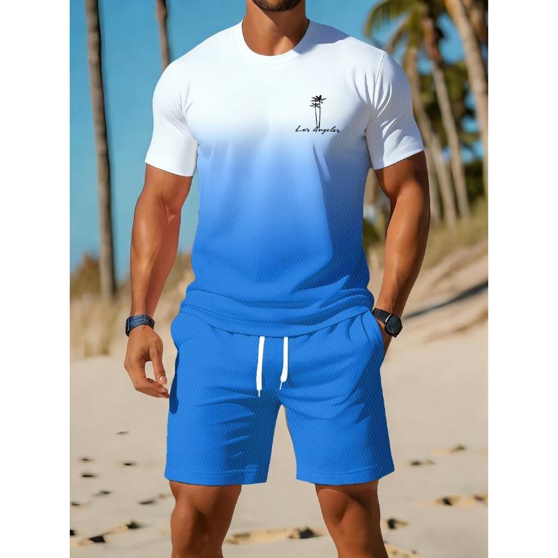 Heren Digitale Print 2-delige Set, Heren Ronde Hals Korte Mouw T-shirt en Korte Broek Outfit