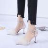 One-word Buckle Sandals Women's Spring and Summer Fringed Fluffy Shoes Pointed Cat Heel High Heels Light Mouth Medium Heel Stiletto Single Shoes