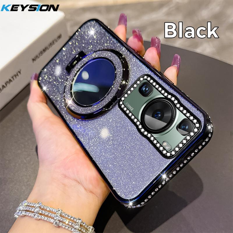 

KEYSION Luxury Glitter Jewelled Magnetic Phone Case for Huawei P60 Pro Makeup Mirror Stand Shockproof Cover for Huawei P60 for Huawei P60 чорний