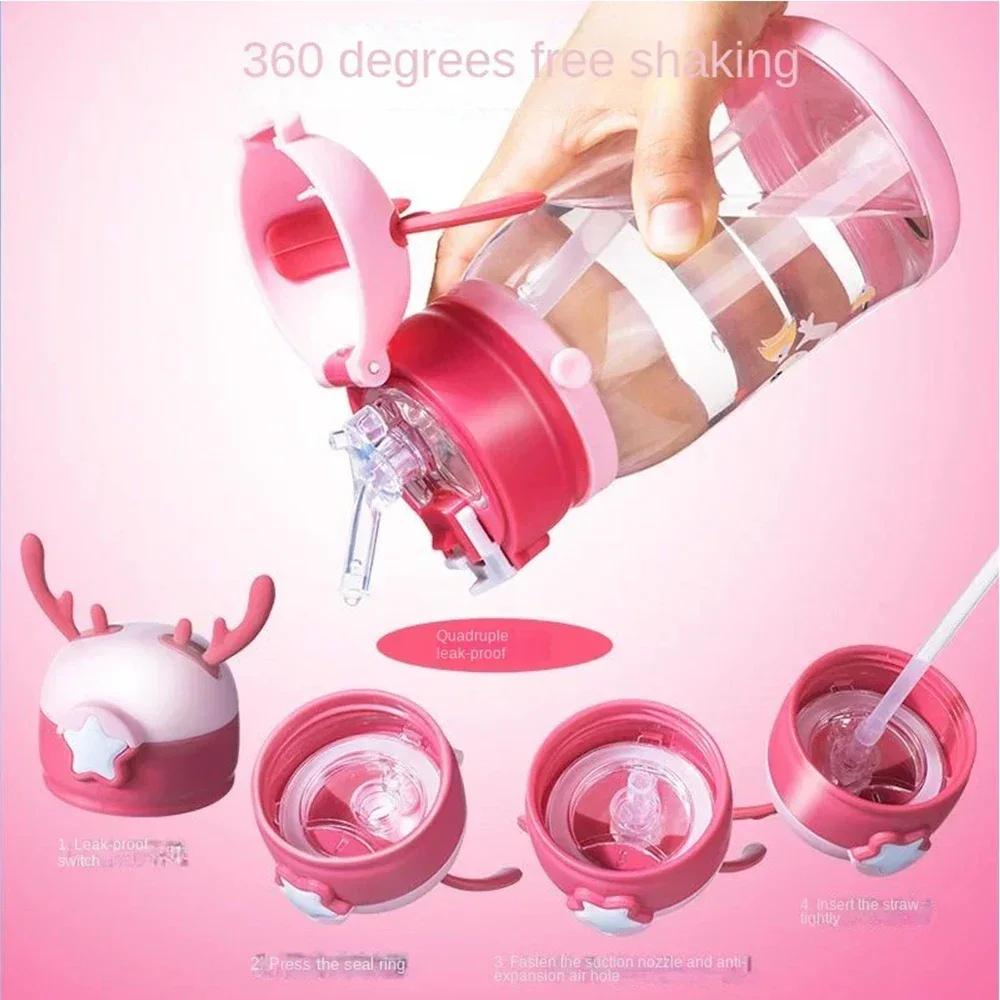 600ml/20oz Children's Straw Cup Deer Antler Creative Leak-proof Water Bottle with Straw Suitable for Campus Boys/Girls BPA Free