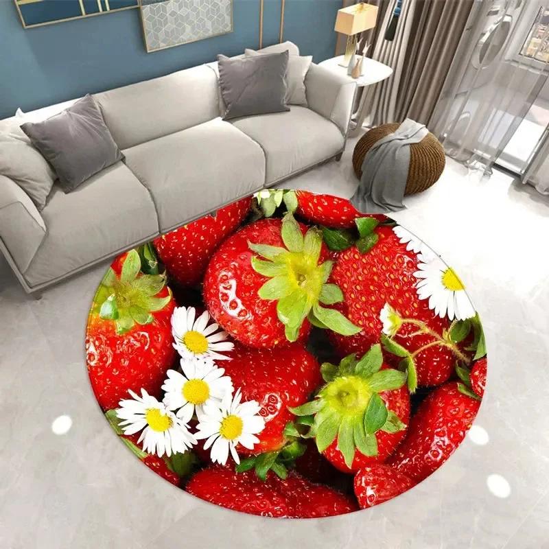 Fruit Strawberry Leaf Area Rug Round Carpet for Office Laundry Study Living Room Bedroom Circle Throw Rugs Non-Slip Floor Mat