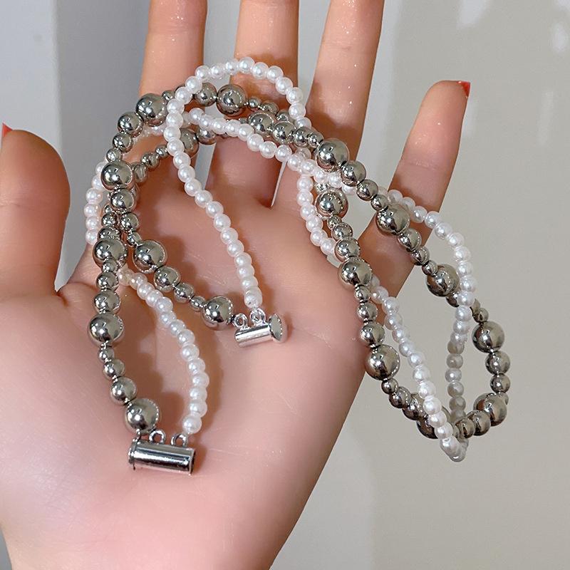 Fashion Imitation Pearl Wrapped Necklace Double Layer Magnetic Buckle Neck Chain Choker Necklace Jewelry Gift Wholesale