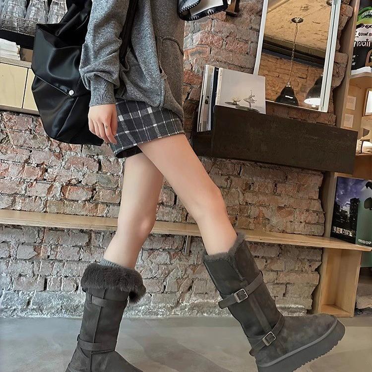 Grey two-wearing thick-soled snow boots for women 2025 winter new heightening thermal and piled thickened long-tube snow cotton shoes