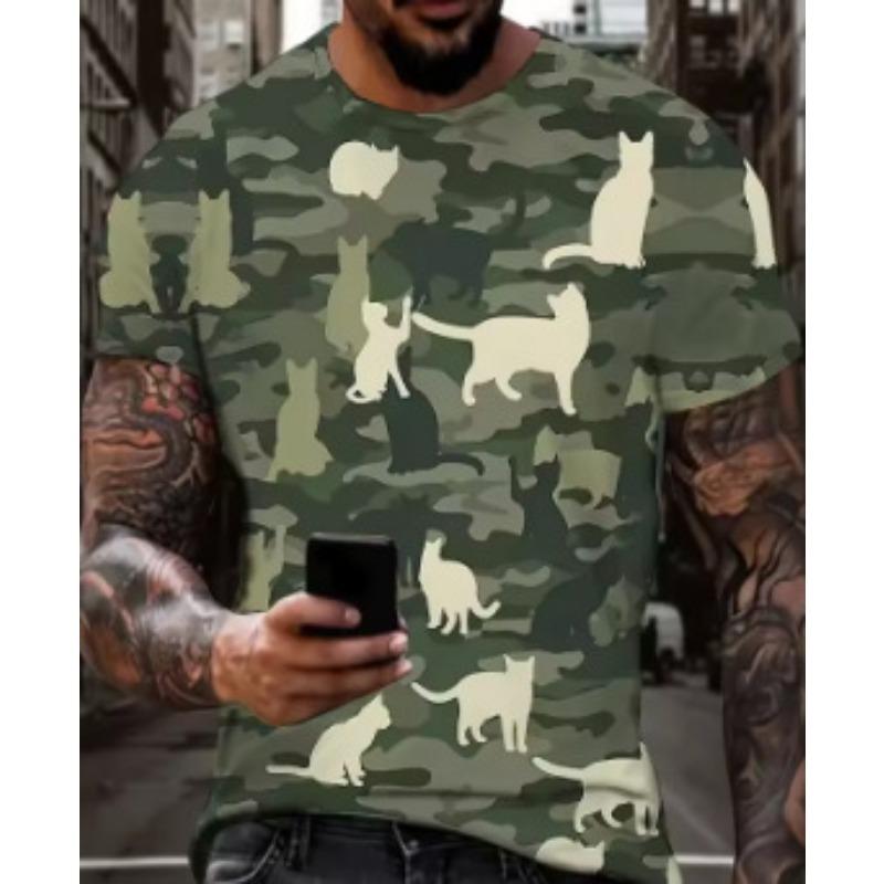 Summer Round Neck  Camouflage Kitten Pattern 3D Print Top Fashionable Casual Short Sleeved Men's T-shirts