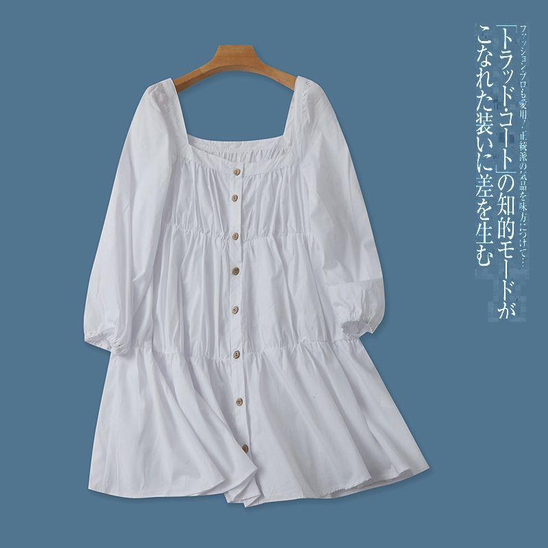 

Shirt Dress Spring & Fall New Foreign Trade Women s Clothing French Square Collar Single Breasted Long Sleeves Ruched Splicing Skirt 28428 White B- 2-31-4 S