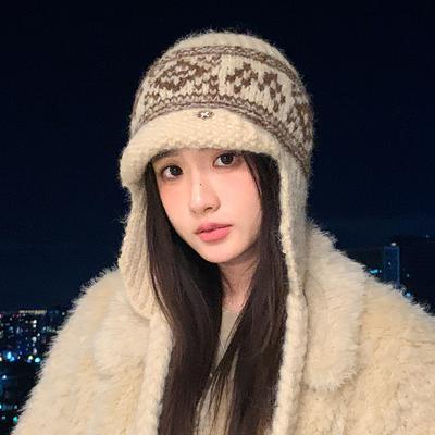 Damenhut Stil Ethnischer Stil Plus Samt Gestrickte Wollmütze Koreanischer Stil Modisch Vielseitig Gehörschutz und Warm Lei Feng Hut