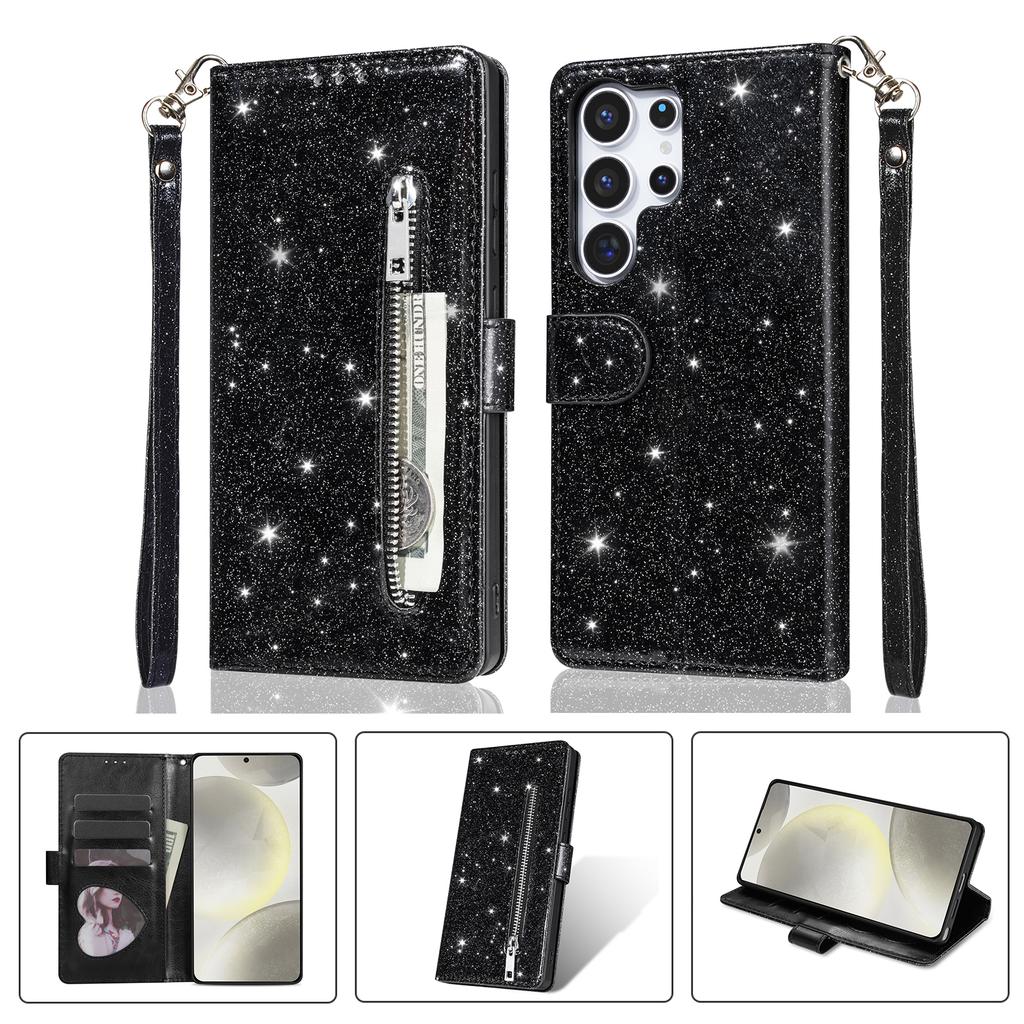 Zipper Cute Glittering Wallet Cards Solt Phone Case For Samsung S26 Ultra S25 Plus S24 S23 A36 A56 Flip Strong Magnetic Cover