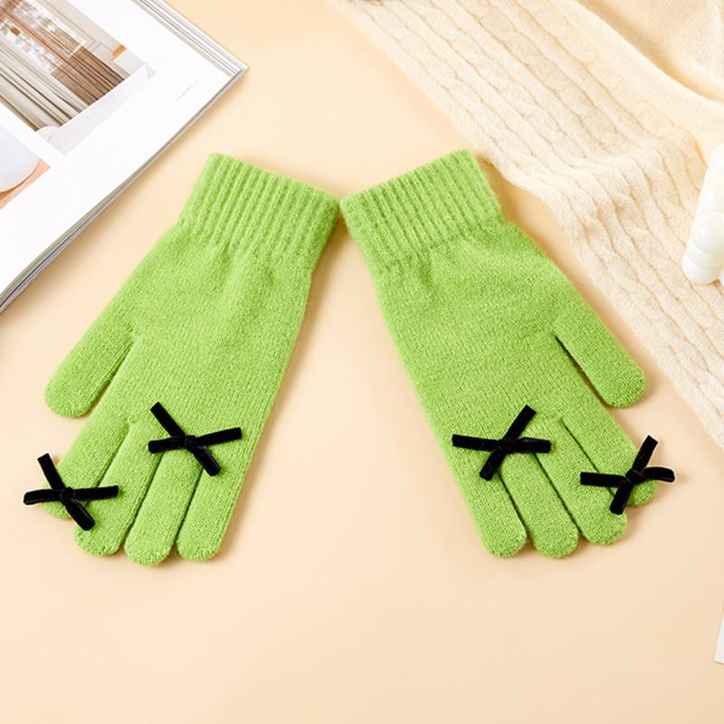 Five-finger Solid Color Warm Knitted Gloves for Women Bow-knot Cold-proof Gloves