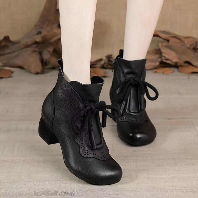 Retro Short Boots Women's Autumn Round Head Medium Heel Soft Sole Medium and Old 2 Women's Fashion Boots