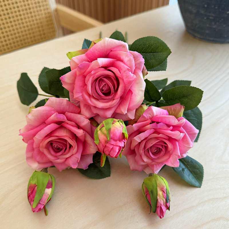 Austin 6-Piece Silk Rose Bouquet: European Style Moisturizing Artificial Flowers for Living Room, Dining Table, or Wedding Decor.