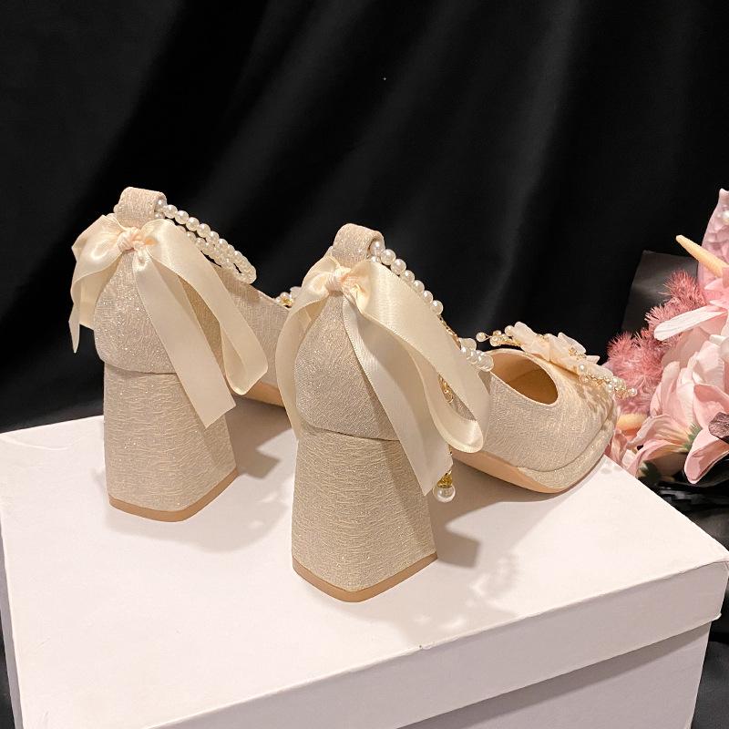 2025 Pearl High Heels Thick Heel Satin Wedding Shoes Bride Shoes One Word with Square Head Apricot Single Shoes