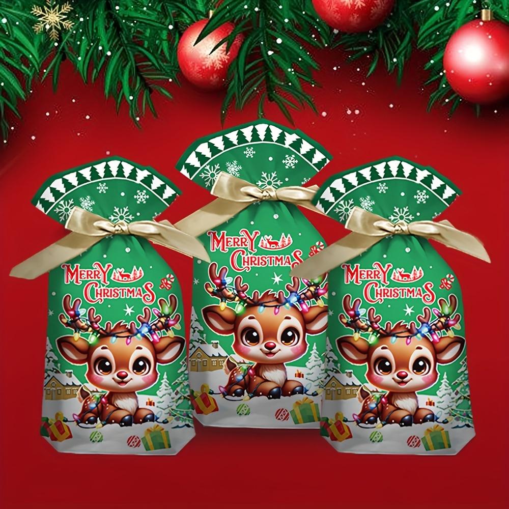 50pcs Christmas Drawstring Gift Bags, Festive Cartoon Reindeer, Santa, Snowman Designs, Plastic Party Favor Pouches with Ribbons for Holiday Presents
