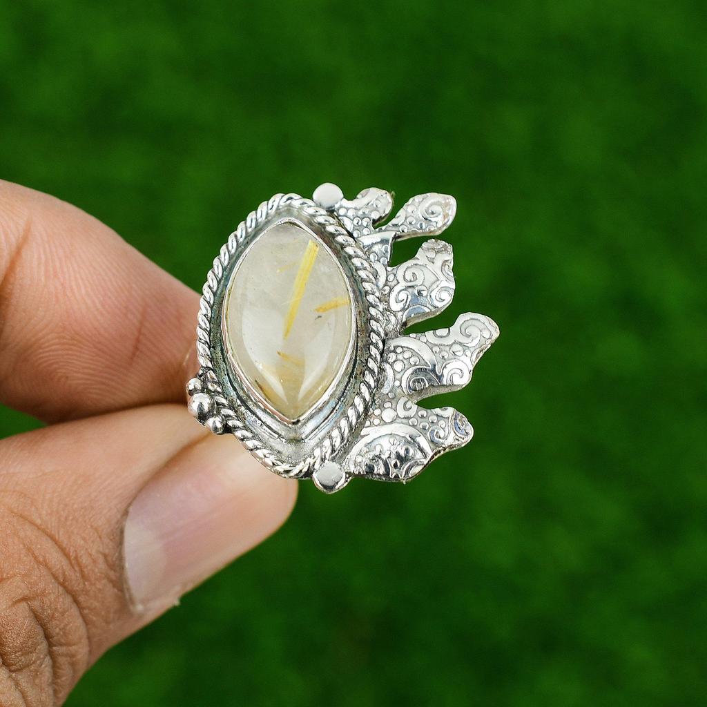 Gift For Her 925 Silver Natural Golden Rutile Multi Stone Adjustable Ring