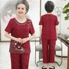 Large Size Women 2 Piece Set Loose Print Short-sleeved T-shirt Tops + Pants Suits Middle-aged Mother Summer