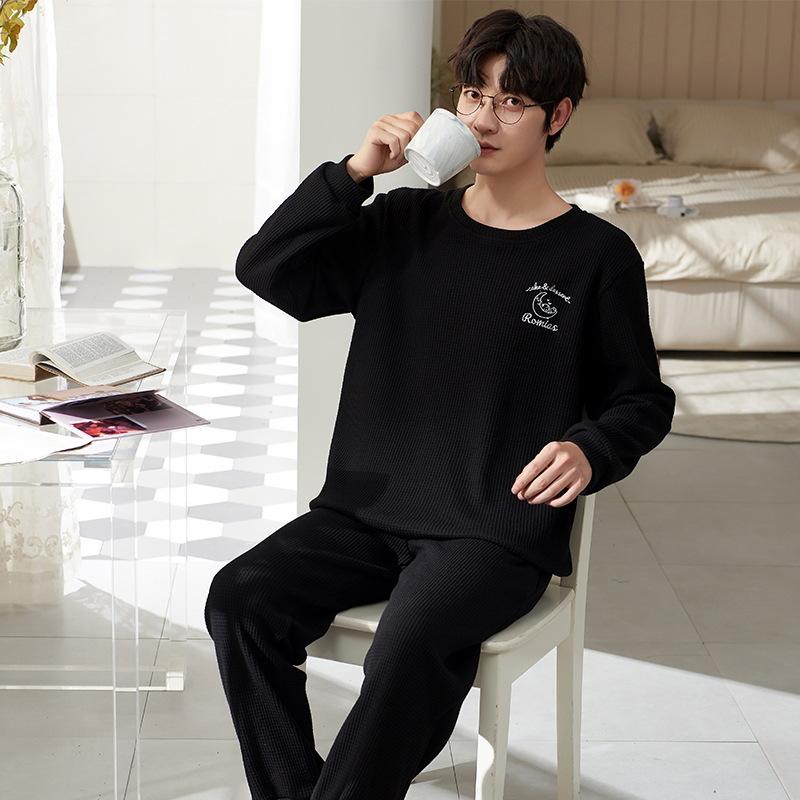 Cotton Nightwear for Men 2 Pieces Set Pajamas Spring Long Sleeves Sleeping Tops Trousers Sleepwear