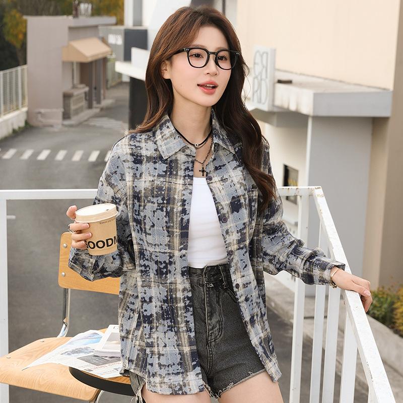 Loose Tie Dye Versatile Trendy Casual Top Shirts Jacket Spring and Autumn Checkered Long Sleeved Printed Women's Shirts