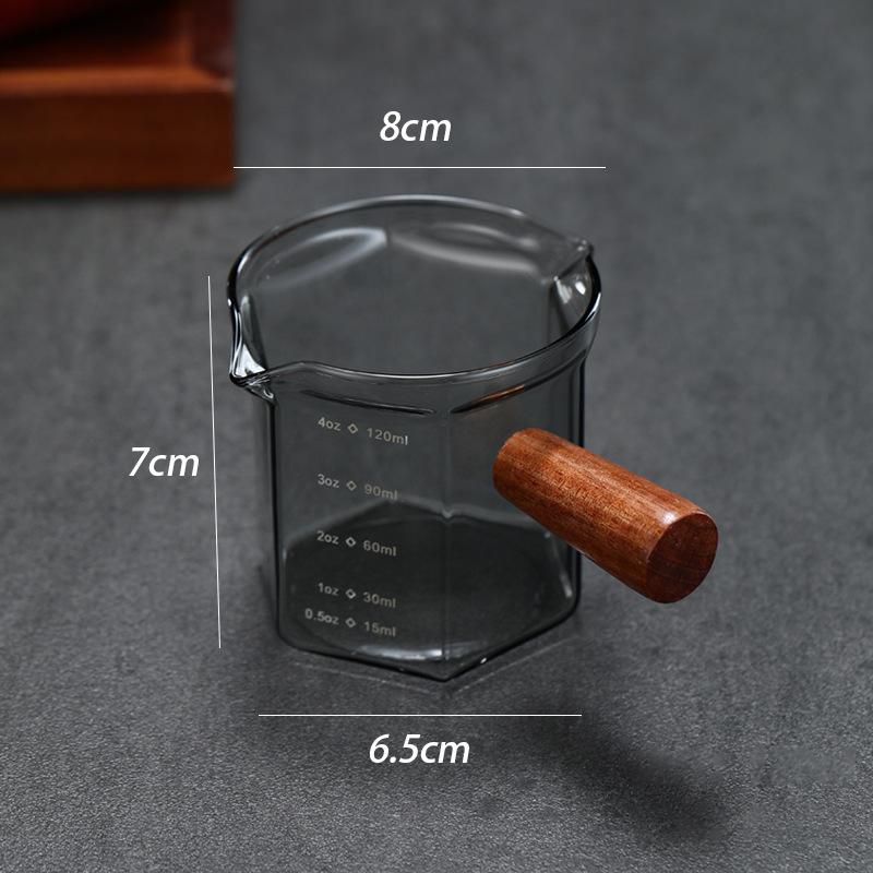 120 ml Glas Espresso Messbecher mit Holzgriff Sechseck Milchkännchen Kaffeezubehör Saucenbecher Servierkännchen Küche Zuhause Café