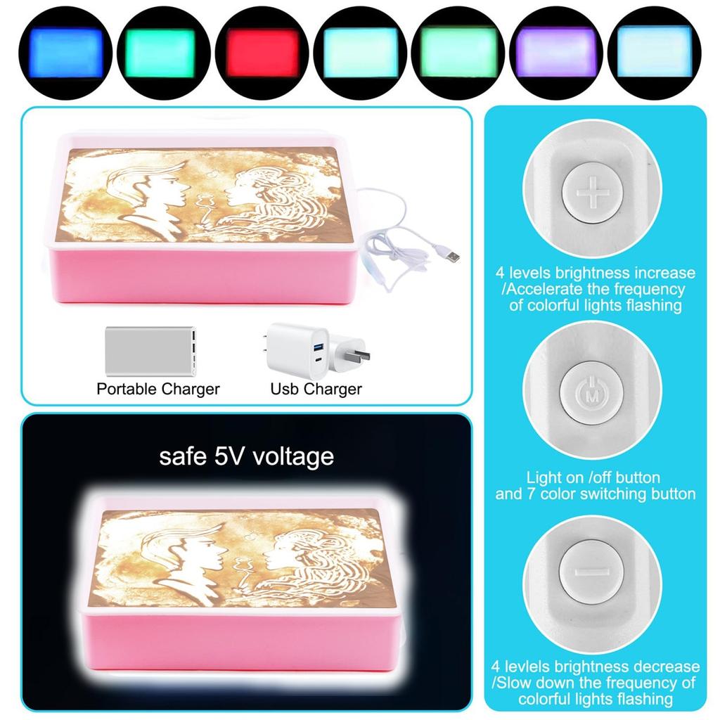 Glow-in-the-Dark Sand Art Kit for Kids, 7-Color Adjustable LED Light Box, Creative Drawing Toy, 40x28x9cm