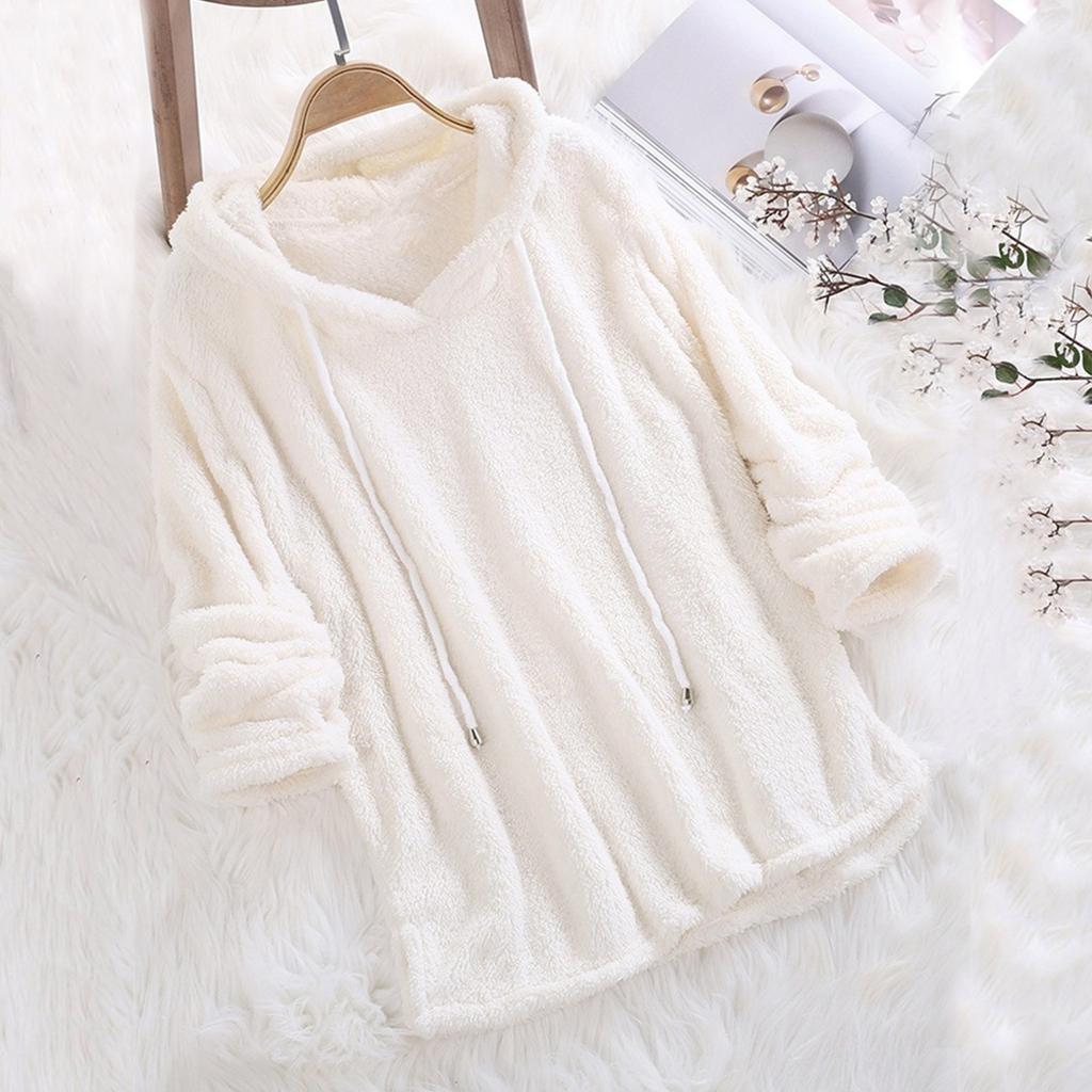 Long Sleeve Plush Hoodies Large Size Womens Casual Solid Hooded Sweatshirts Blouse Tops Cotton Sweat Shirts