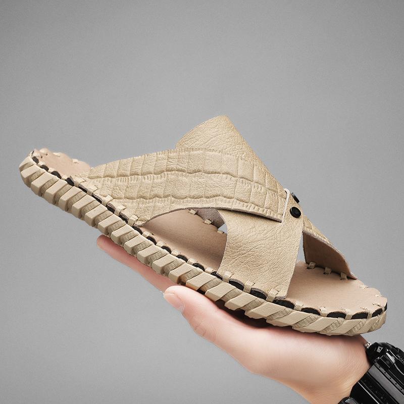 Fashion Hand Sewn Sandals for Men PU Solid Color Business Leisure Flip Flops Lightweight Comfortable Non Slip Beach Slippers