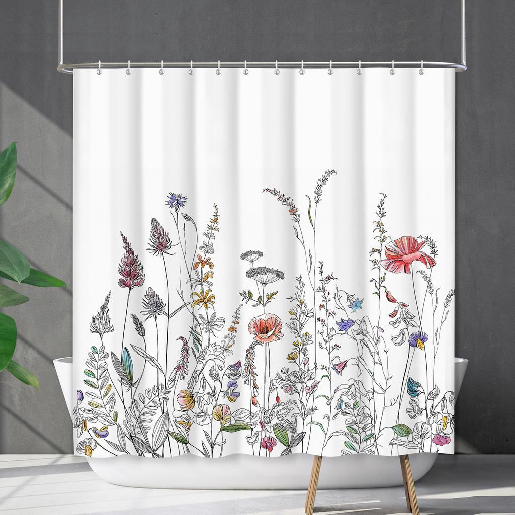 Duschvorhang Wasserdicht Und Schimmelresistent 3D Digitaldruck Pflanze Blume Und Gras Duschvorhang Badezimmer Trennvorhang