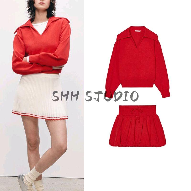Spring Rib Decoration Woven Large Collar Short Sweatshirt 0858304 Lantern Balloon Cotton Mini Skirt 0858306