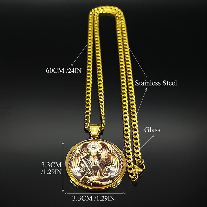 SAINT MICHAEL PROTECT US Archangel Stainless Steel Round Glass Medal Pendant Necklace for Women Men Gold Color Chain Jewelry