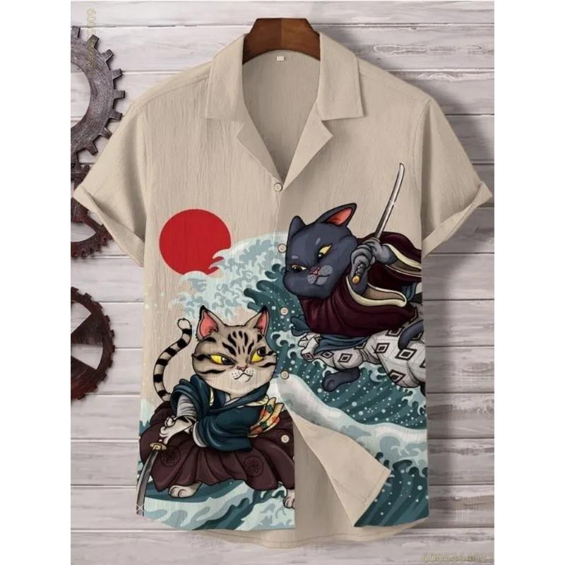 2026 New Men's Shirt Vintage Cat Printed Top Comfortable Fabric Breathable Short Sleeve Shirt Personalized Loose Casual Shirt