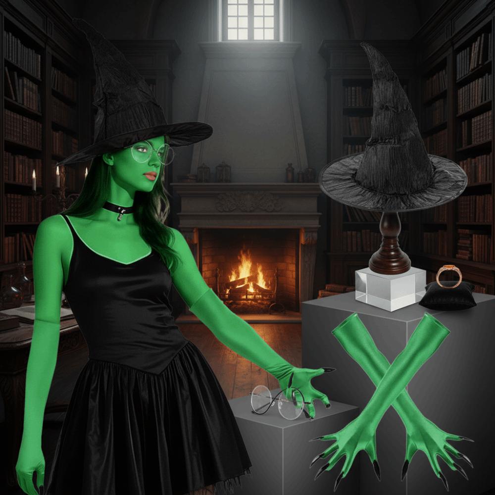 2/3/4Pcs Dress Up Witch Costume Set Green Claw Gloves Pointed Mage Hat Set Costume Accessories