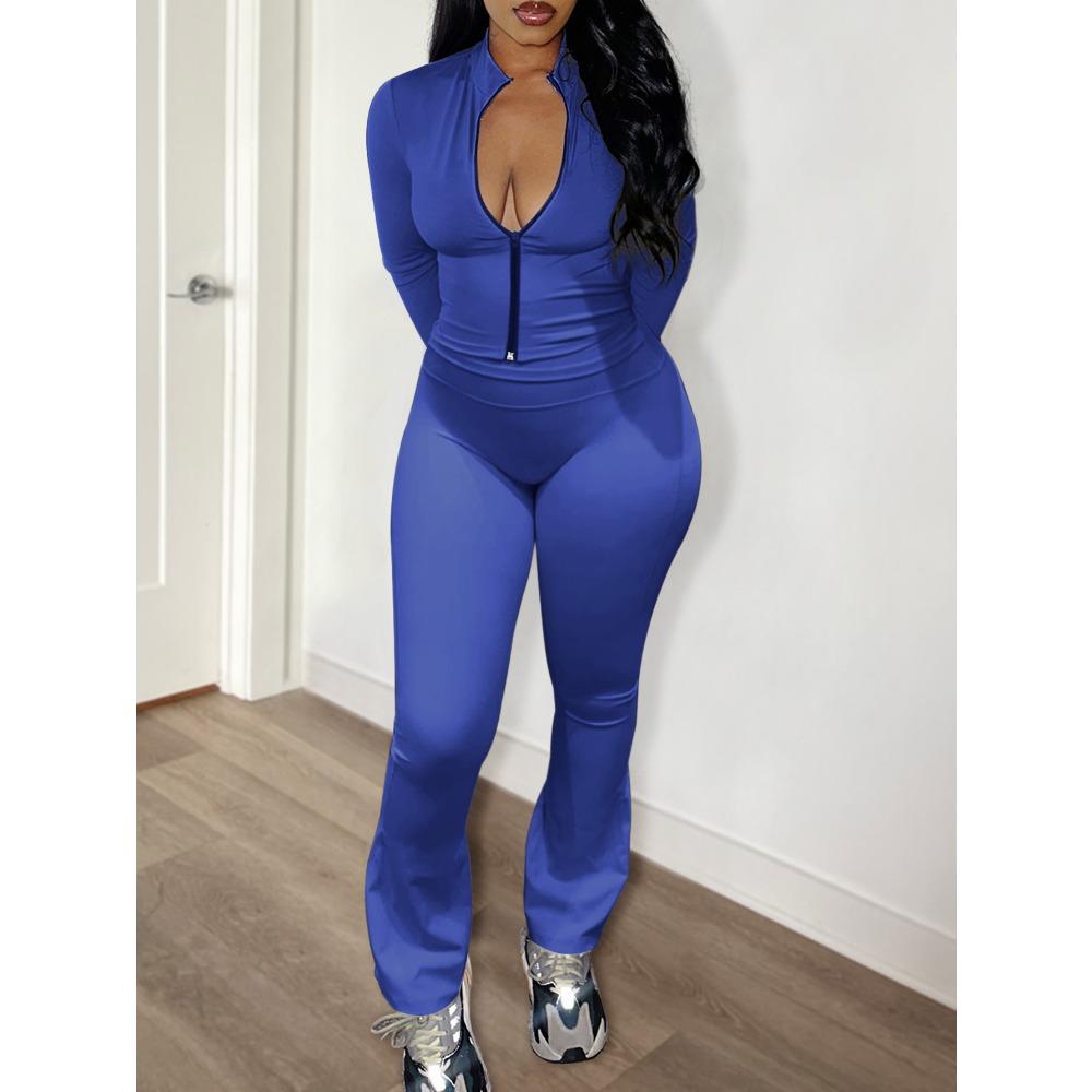 Women's Slim Fit Two-Piece Tracksuit Long Sleeve Zip Front Cardigan Top High Waist Flare Pants Streetwear Loungewear Set