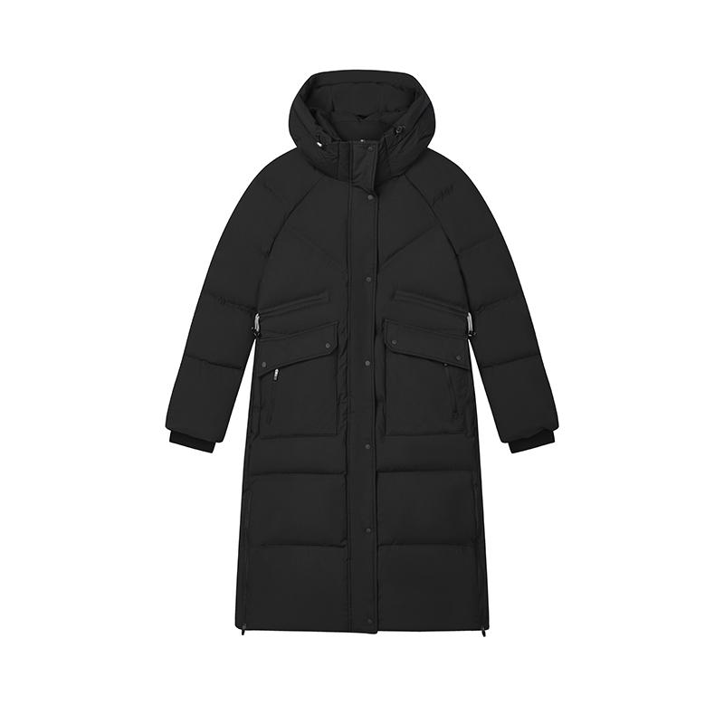 Fila Emerald Series Versatile Solid Color Warm Long Hooded Down Jacket Women Outerwear Black F11W444921FBK