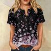 Women’s Fashion Printed Henley Button Neck Short Sleeve Cotton Linen Shirt with Chest Pocket and Modern Abstract Pattern