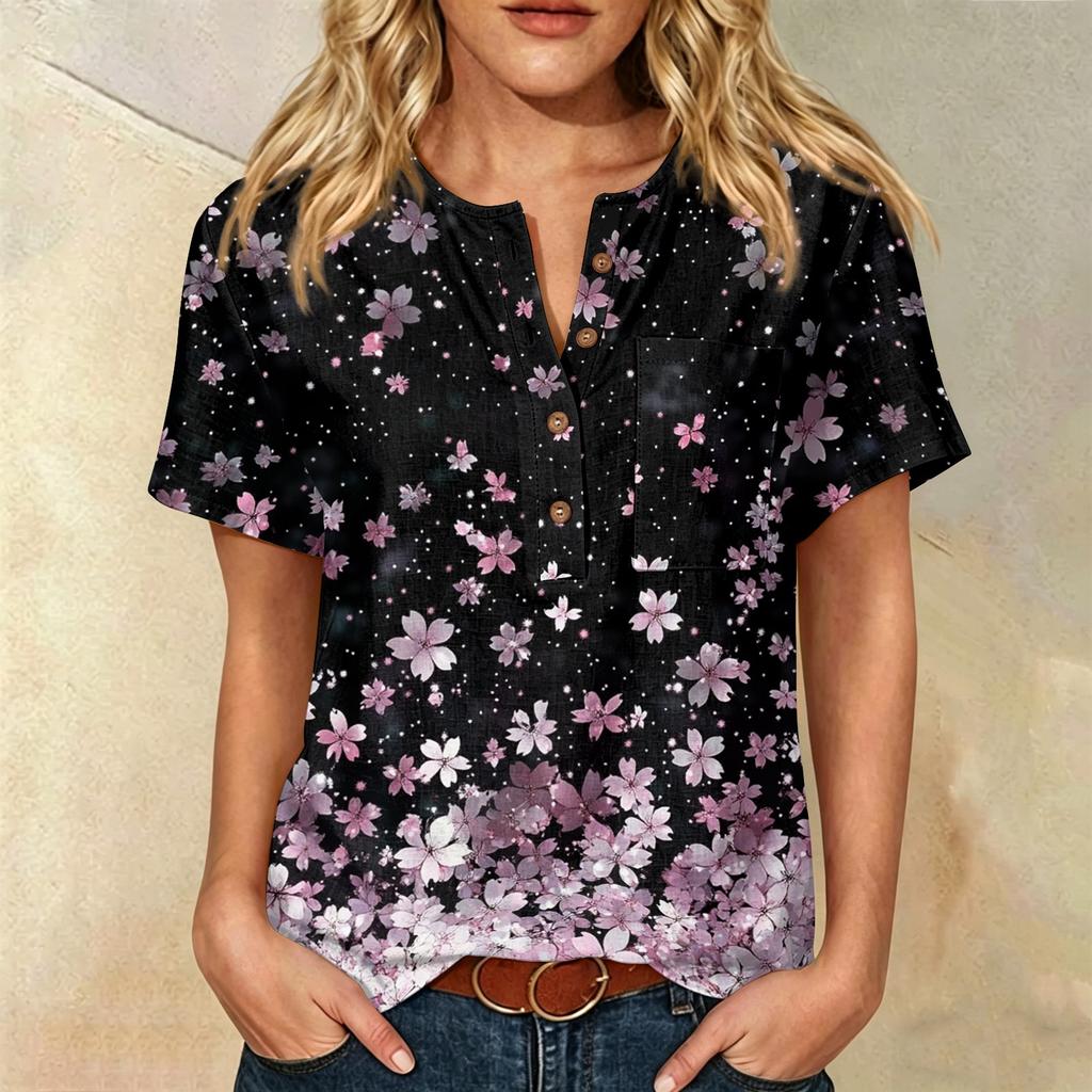 Women’s Fashion Printed Henley Button Neck Short Sleeve Cotton Linen Shirt with Chest Pocket and Modern Abstract Pattern
