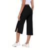 Damen Elastische Hohe Taille 3/4 Hose Lässige Passform Weite Capri-Hosen mit Taschen
