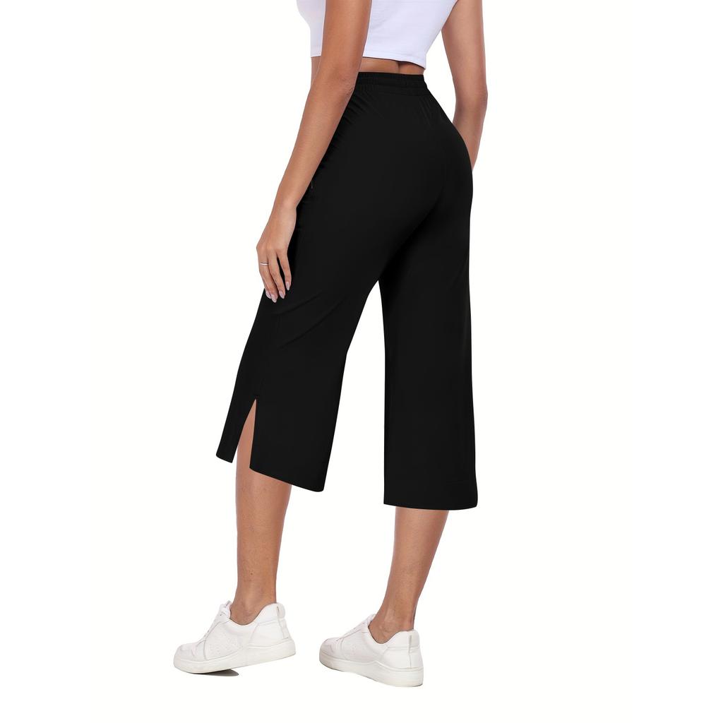 Damen Elastische Hohe Taille 3/4 Hose Lässige Passform Weite Capri-Hosen mit Taschen