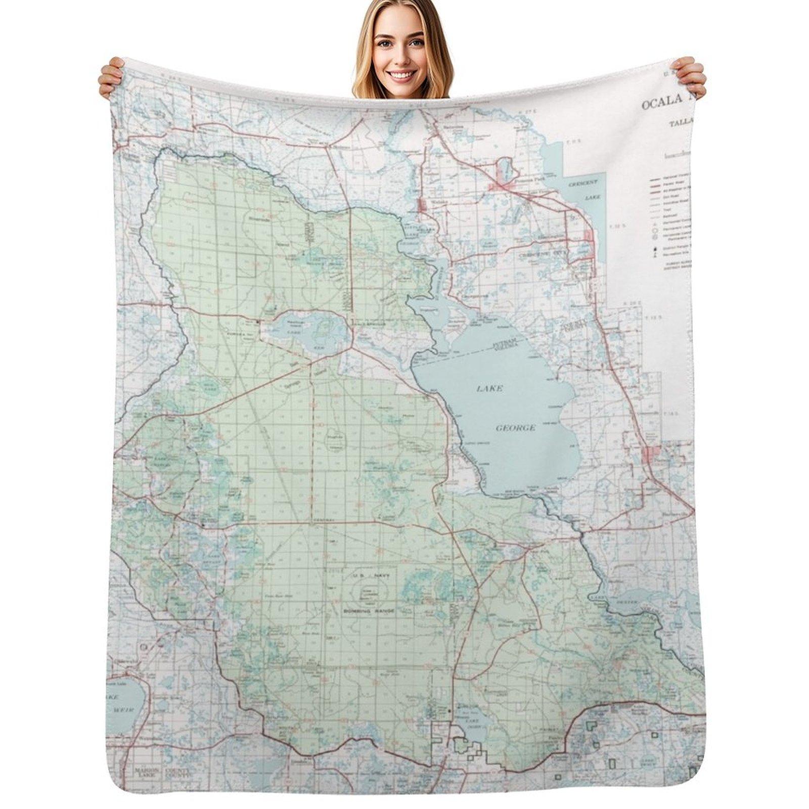 Ocala National Forest Map (1971) Florida Woodland Reserve Atlas Throw Blanket Modern Design Soft Blanket for Home Decor Size: 75*100cm, Weight: 230 GSM