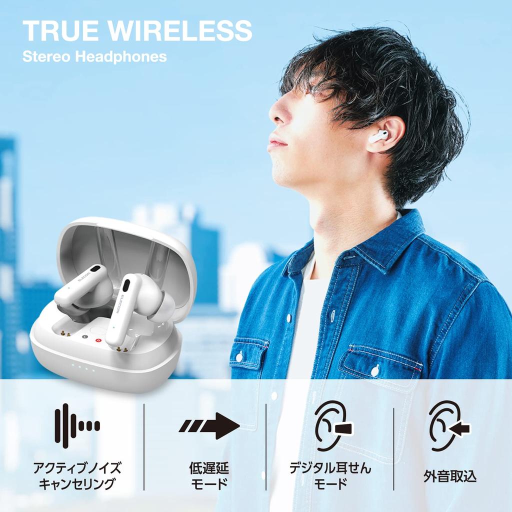 ELECOM LBT-TWS13WH Wireless Earbuds, Bluetooth 5.2, Noise Cancelling, AAC Compatible, Lightweight, Fully Wireless, In-Ear Type, White