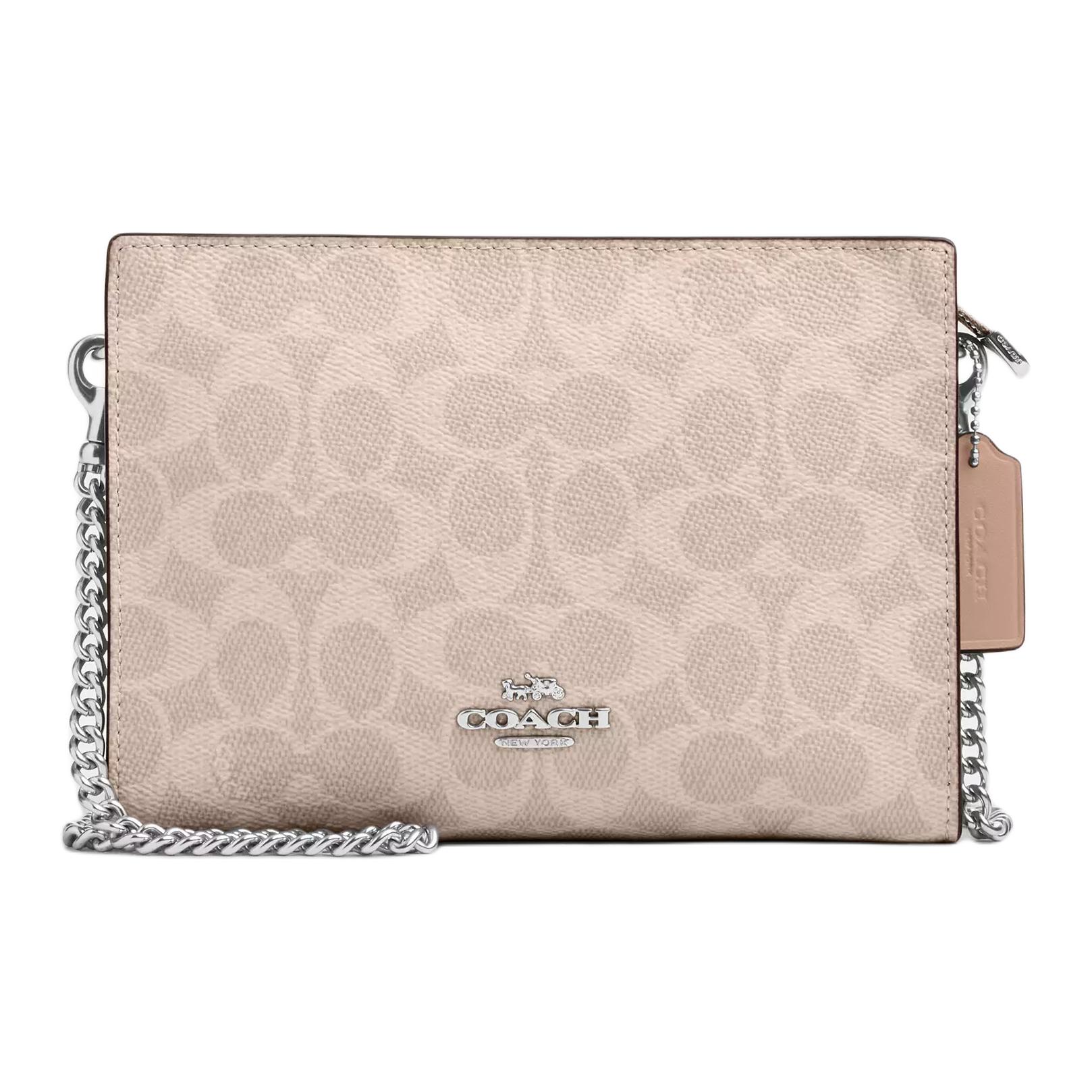 Coach Signature Canvas Chain Crossbody Bag, Sand Beige Leather Trim Women s Clutch Handbag, Casual Daily Travel Shopping CW204-SVPWH Basic Set (Bag+Dust Bag)