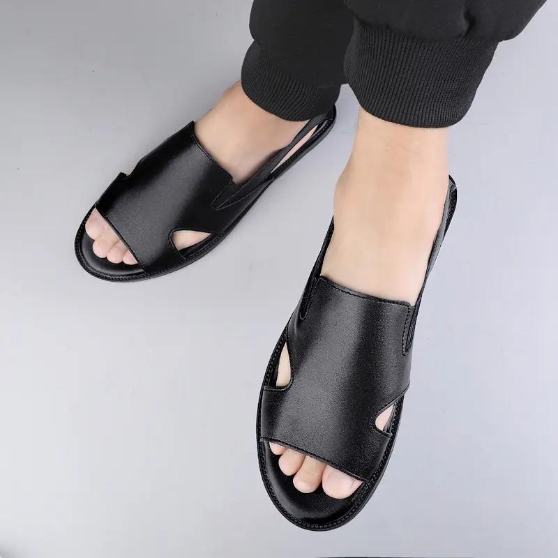 Men's Summer New Sandals and Slippers Men's Leather Sandals Adult Thick-soled Beach Shoes Non-slip Open-toe Leather Sandals 37-45
