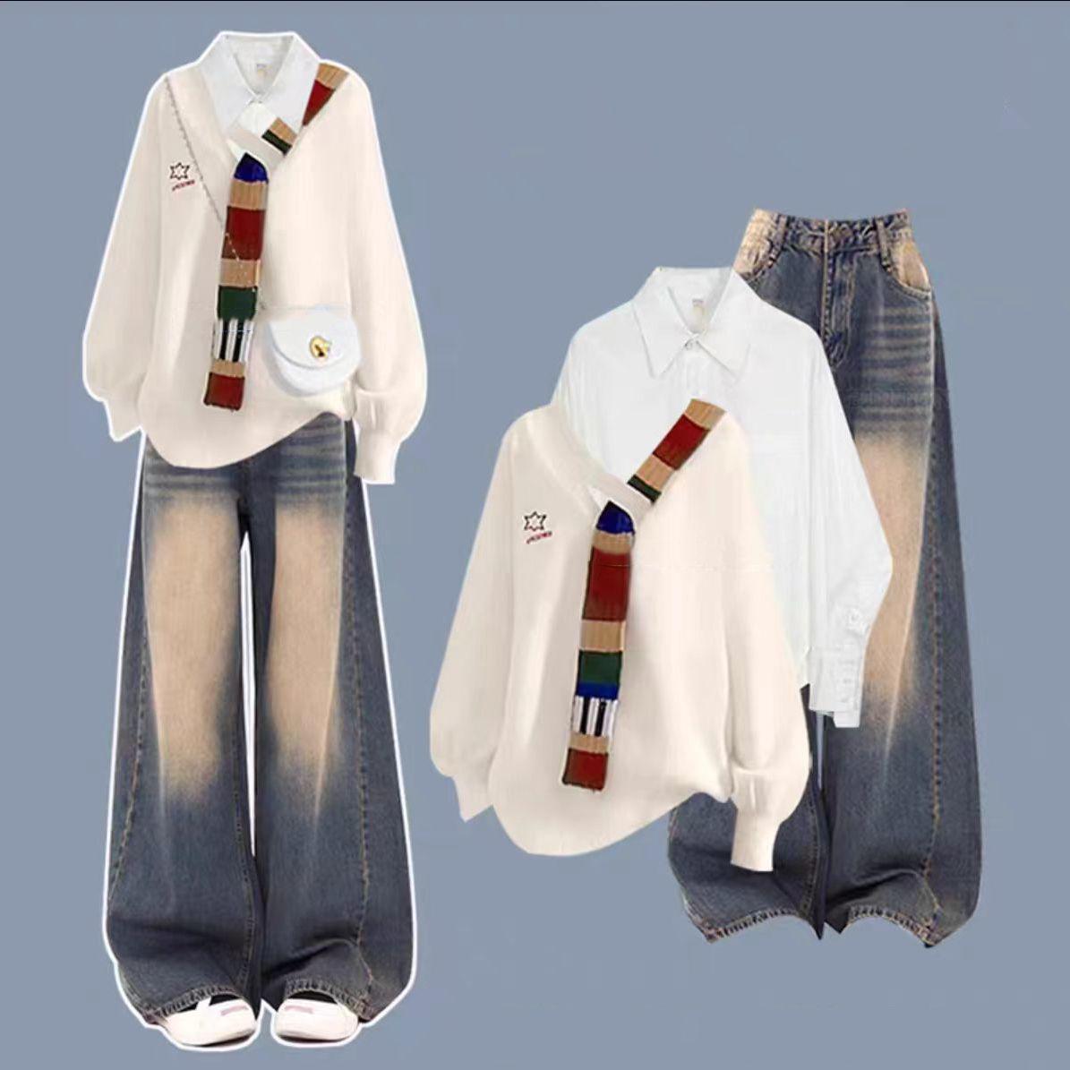 

Женский наряд высокого класса: Трикотажный свитер в стиле пэчворк и облегающие джинсы с высокой посадкой, комплект из трех предметов для поздней осени и зимы M