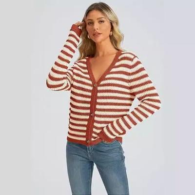 Dames Cardigan Trui met Lange Mouwen en Contrasterende Strepen voor Herfst en Winter