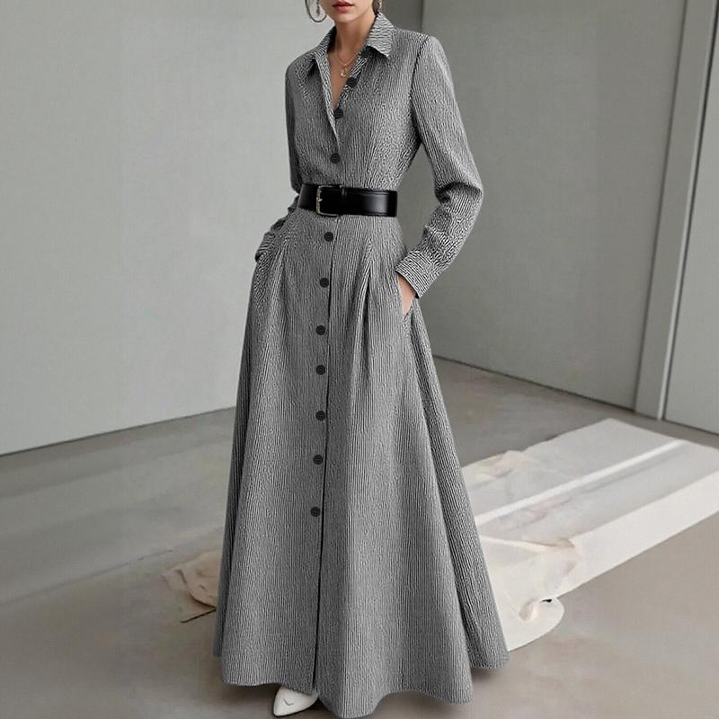 

ZANZEA Женское повседневное длинное платье в полоску с отложным воротником и длинным рукавом S чёрный